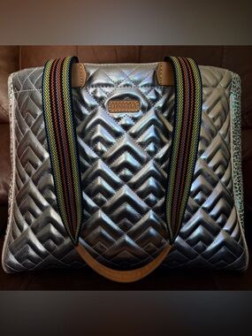 Consuela Silver Quilted Tote with Rainbow Straps